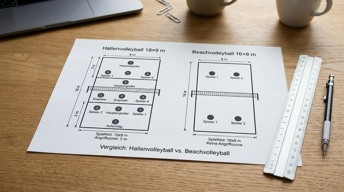 Beachvolleyball vs. Hallenvolleyball. Formatvergleich für Wetter: Sätze, Punkte und Spielfeld
