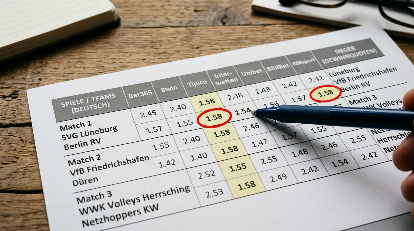 Typische Quotenspannen für 1. Volleyball Bundesliga Wetten bei deutschen Anbietern