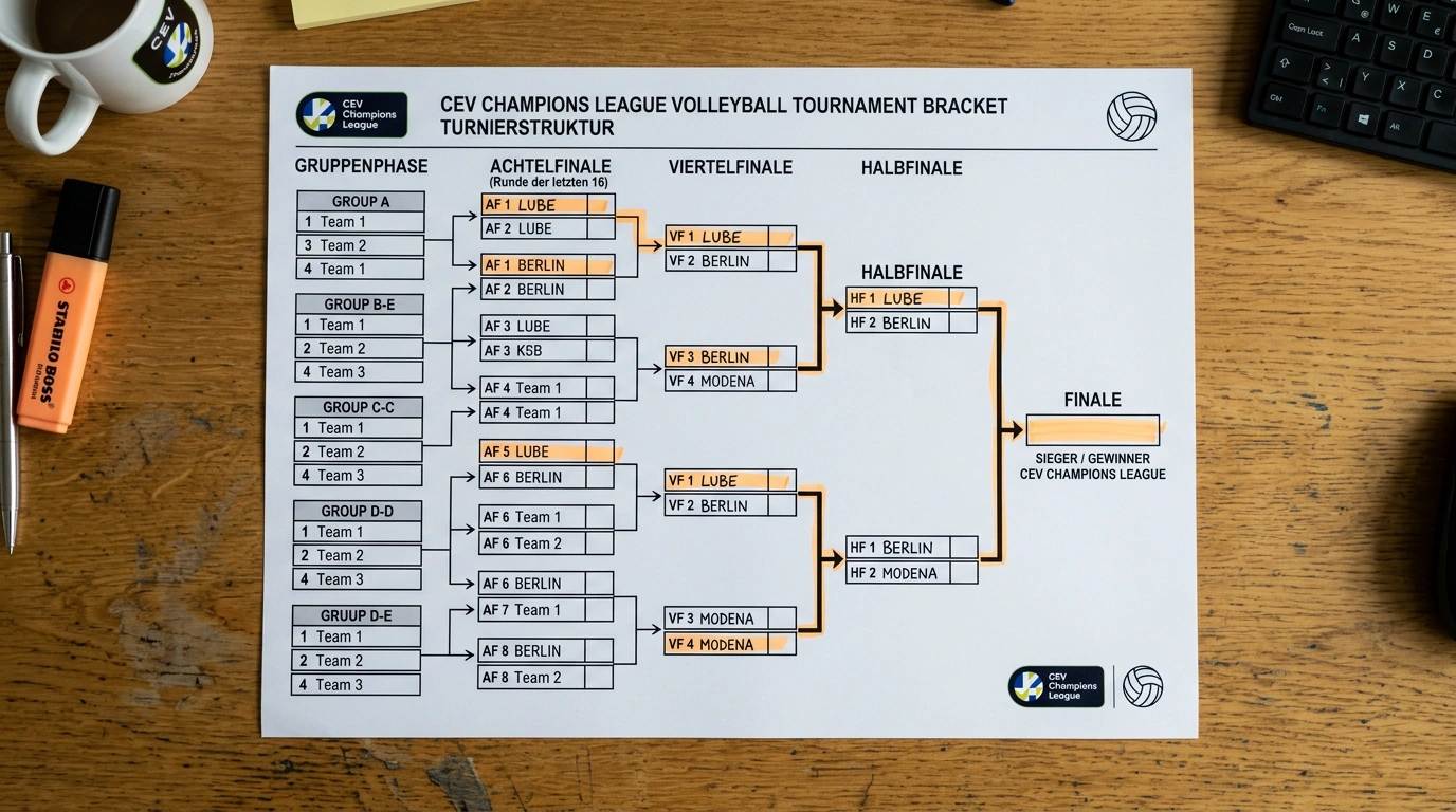 Format der CEV Champions League. Gruppenphase und K.o.-Runden als Grundlage für Volleyball-Wetten