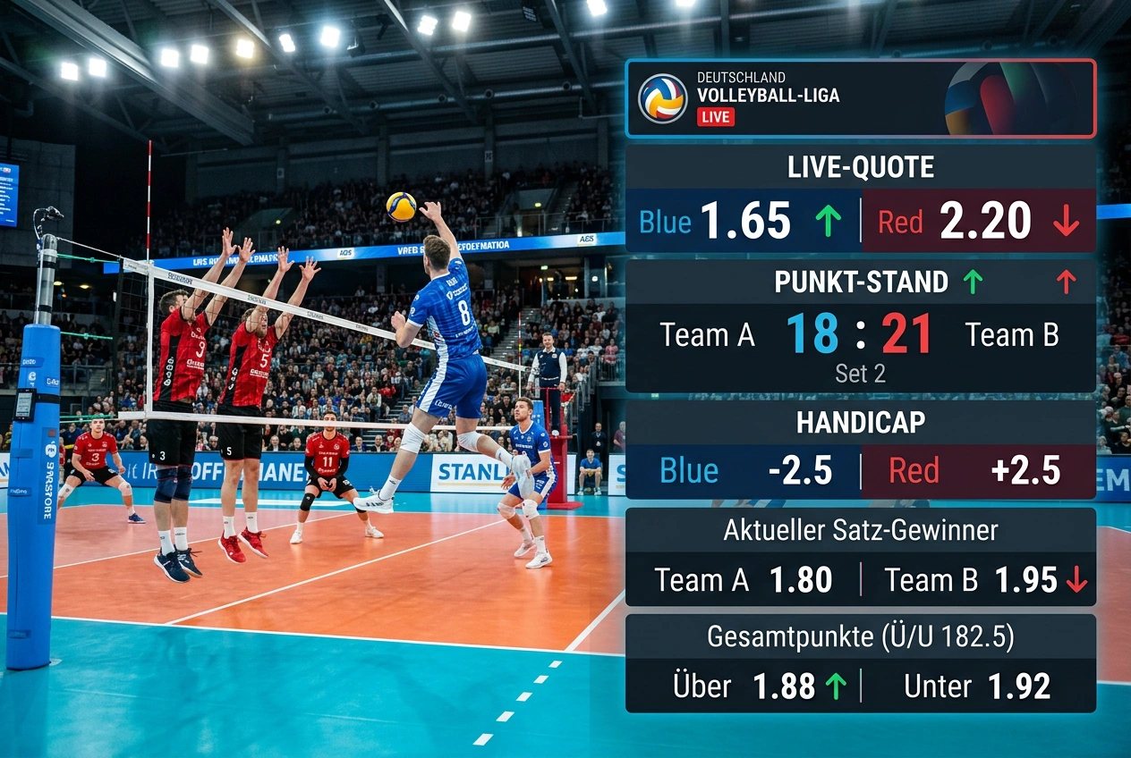 Volleyball Live-Wetten. Echtzeit-Quotenbewegungen nach Punktserien und optimaler Einstiegspunkt für In-Play-Sportwetten
