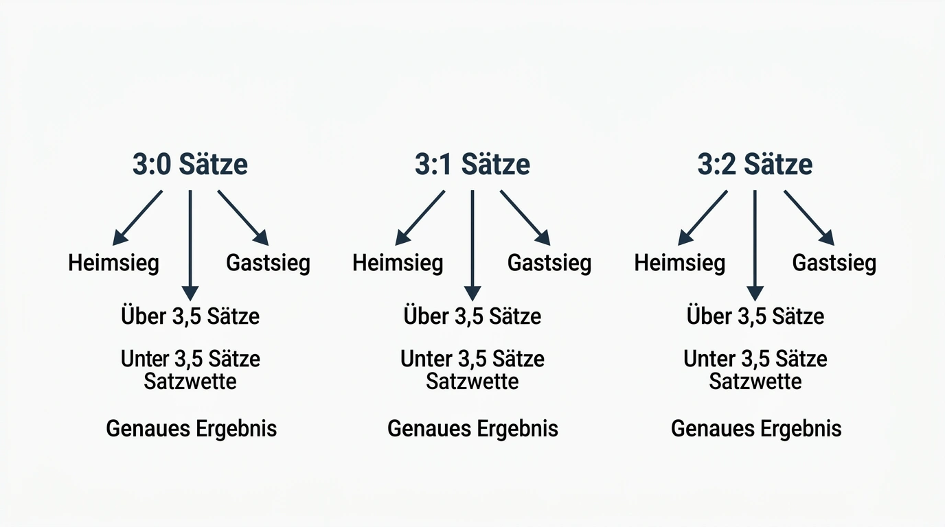 Tabelle der möglichen Satzergebnisse beim Volleyball – 3:0, 3:1, 3:2 für Heim- und Auswärtssieg