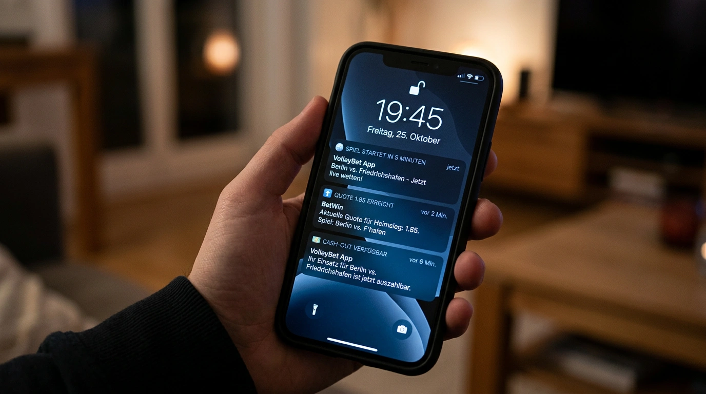 Push-Benachrichtigungen für Volleyball-Spielstarts und Quotenbewegungen auf dem Smartphone