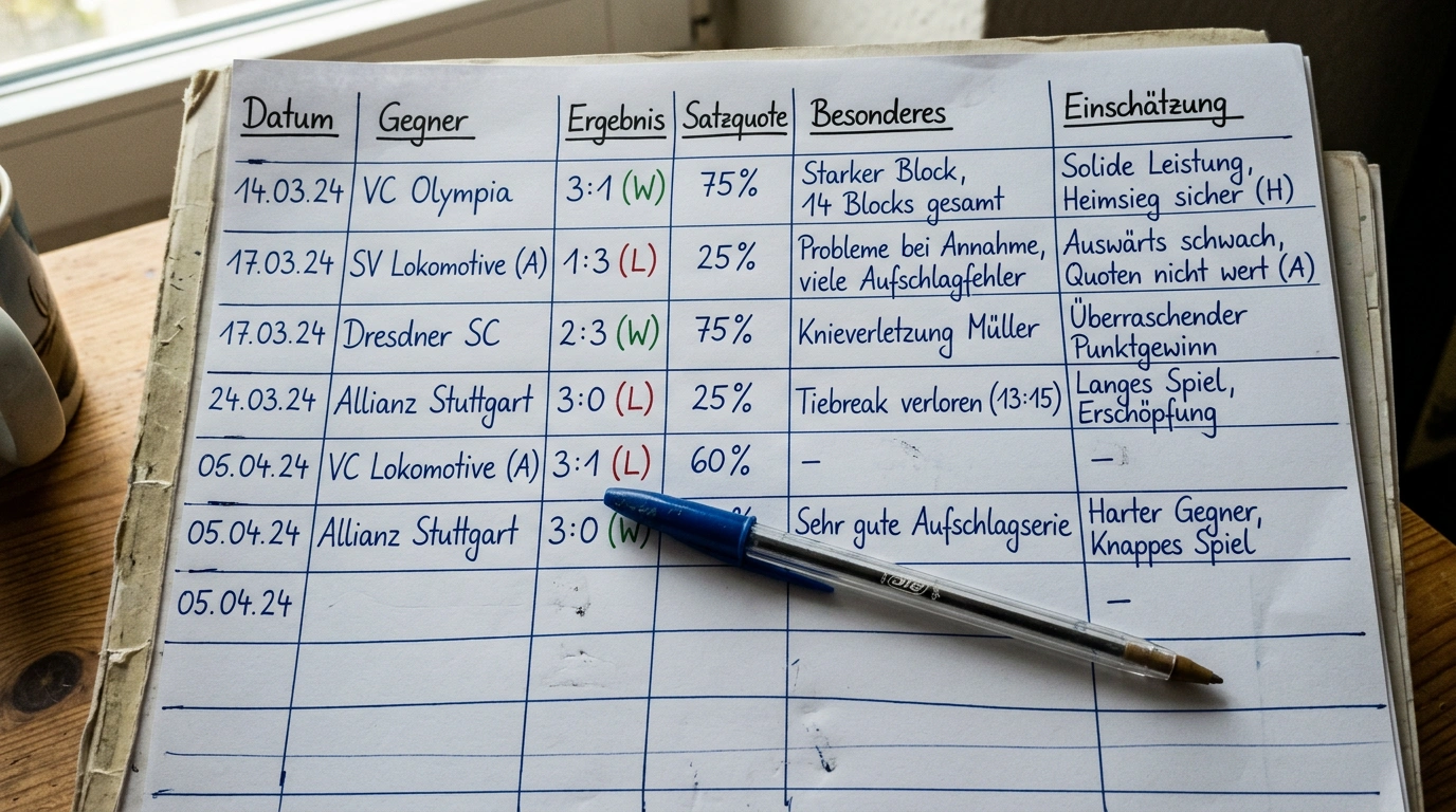 Volleyball Formtracking: Statistiktabelle der letzten 5 Bundesliga-Spiele eines Teams