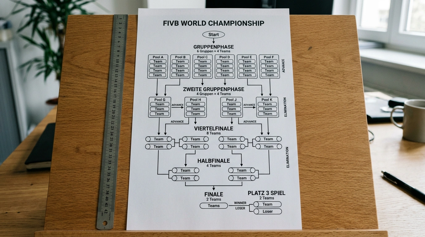 Format der FIVB Volleyball-WM. Gruppenphase, K.o.-Runden und Finalstruktur für Wetter