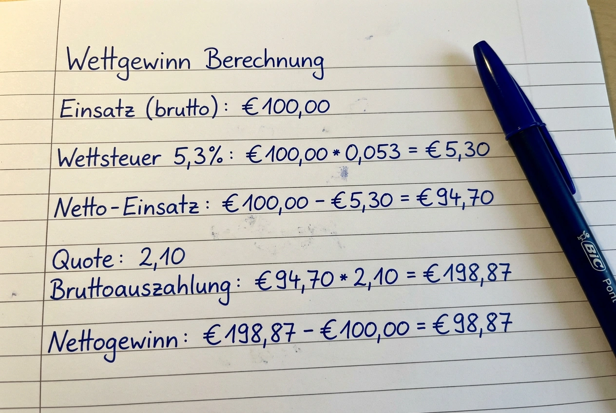 Wettsteuer Rechenbeispiel Volleyball: Schritt-für-Schritt Nettoprofit-Kalkulation bei Quote 2,10 und 100 Euro Einsatz